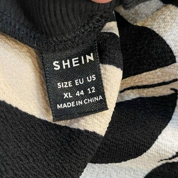 SHEIN‎ Woman’s Dress MIDI Puff Sleeves Black Ivory Beige XL Flowy Stretch Trendy - Picture 5 of 7